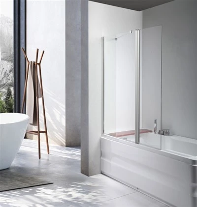 Semi-Frameless Hinged Bath Screen – Clear Glass & Top Support Bar